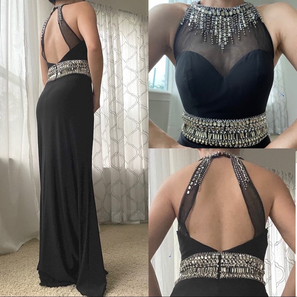 Vtg Black rhinestone beaded halter gown